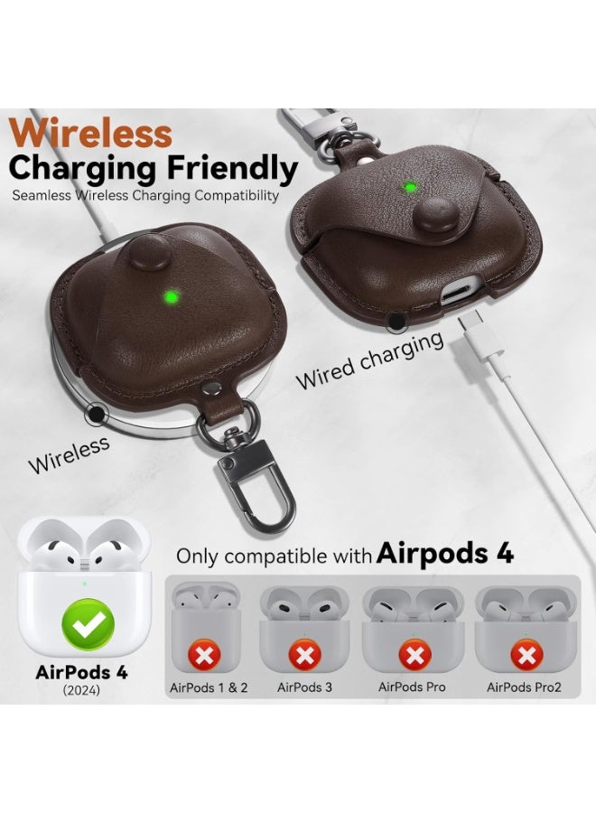 جراب جلدي لسماعات AirPods 4 مع سلسلة مفاتيح ومجموعة تنظيف، متوافق مع سماعات Apple AirPods من الجيل الرابع 2024، غطاء حماية جلدي كامل للرجال والنساء (بني داكن) - Image 5